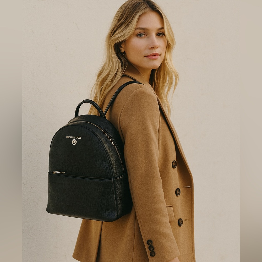 Michael Kors Black Pebbled Backpack with Gold Accents